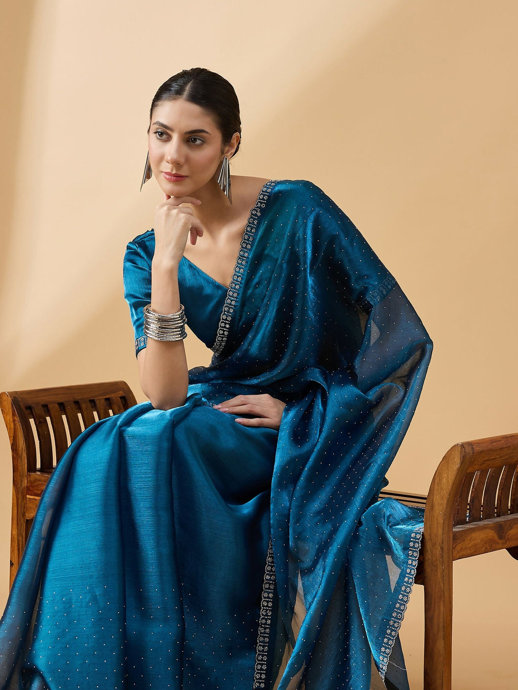 Teal Organza Swaroski Diamond Work Saree with Unstitched Blouse - Radha