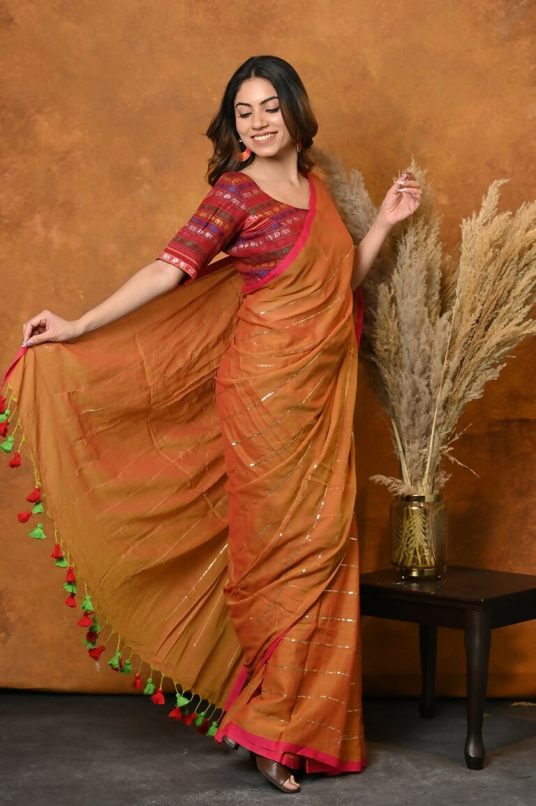 Very Much Indian Designer Mul Cotton Handloom Saree with Sequins - Orange