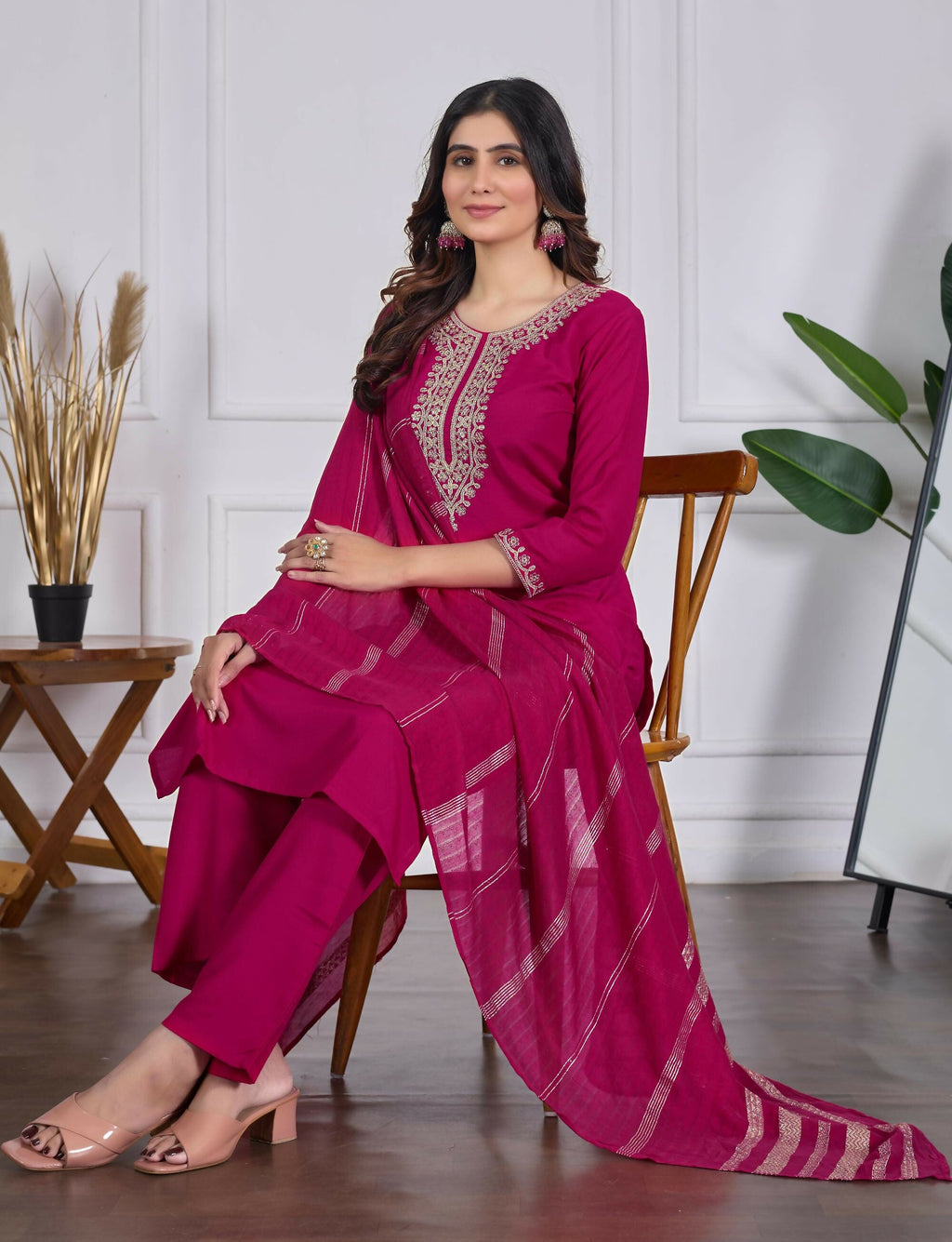 The52 Pink Women's Beautiful Embroidered Rayon Slub Fabric with Straight Kurta, Pant and Dupatta Set
