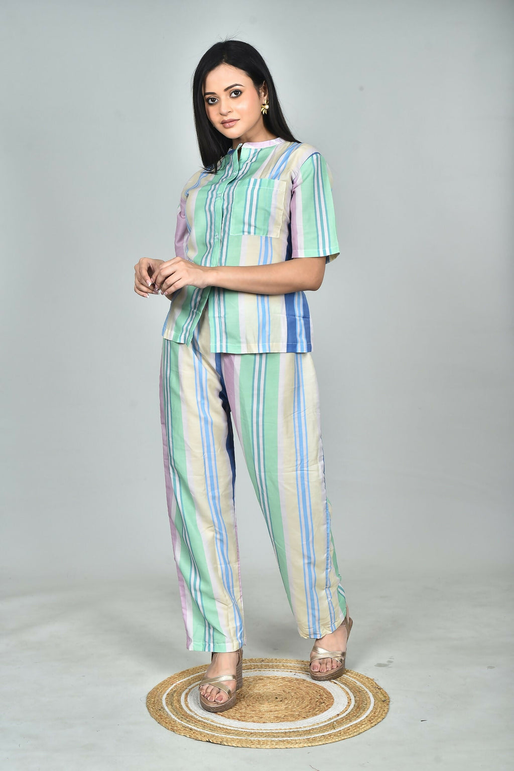 Morchari Digital Print Semi Muslin Co-Ord Set Top & Trouser-Multicolor