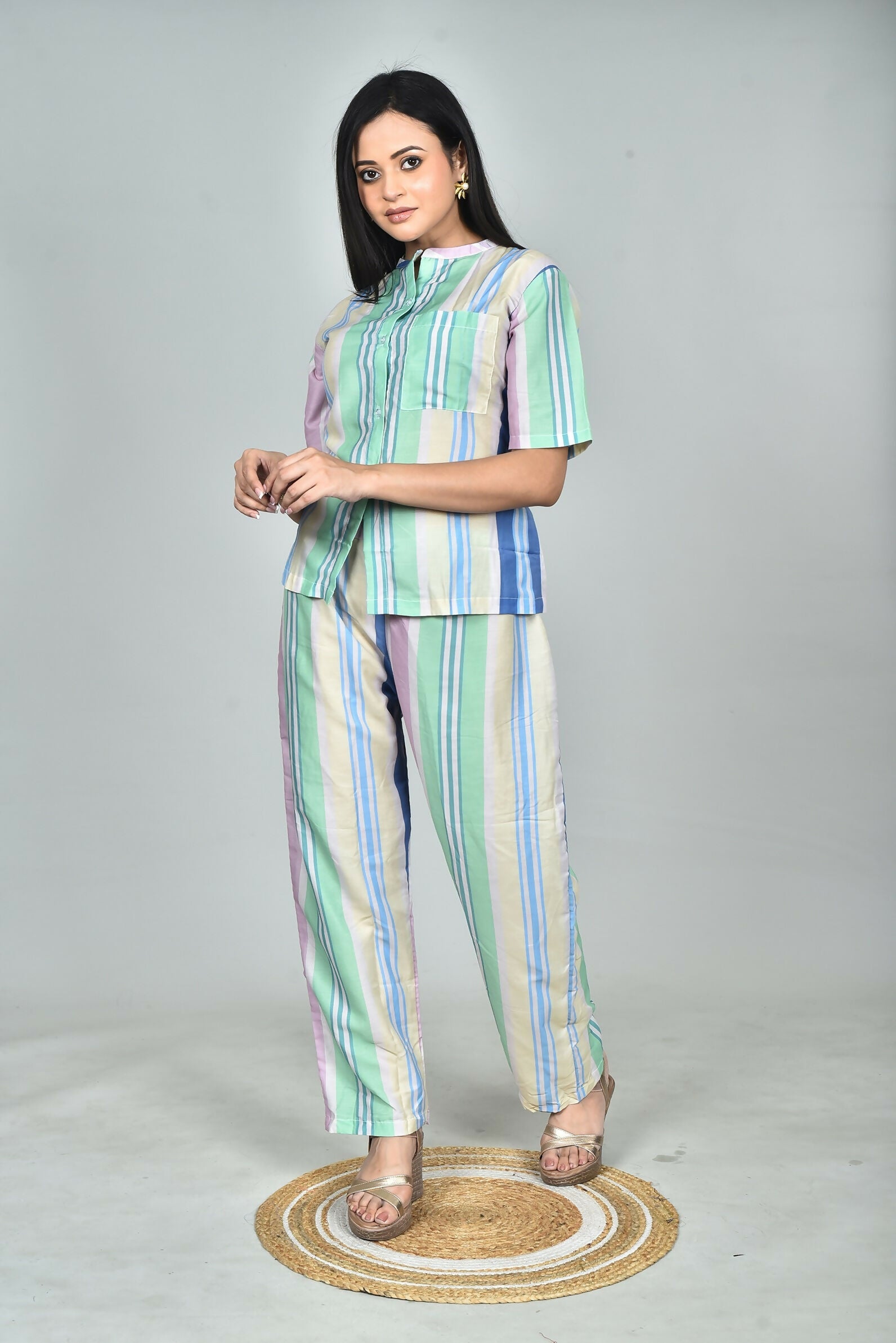 Morchari Digital Print Semi Muslin Co-Ord Set Top & Trouser-Multicolor