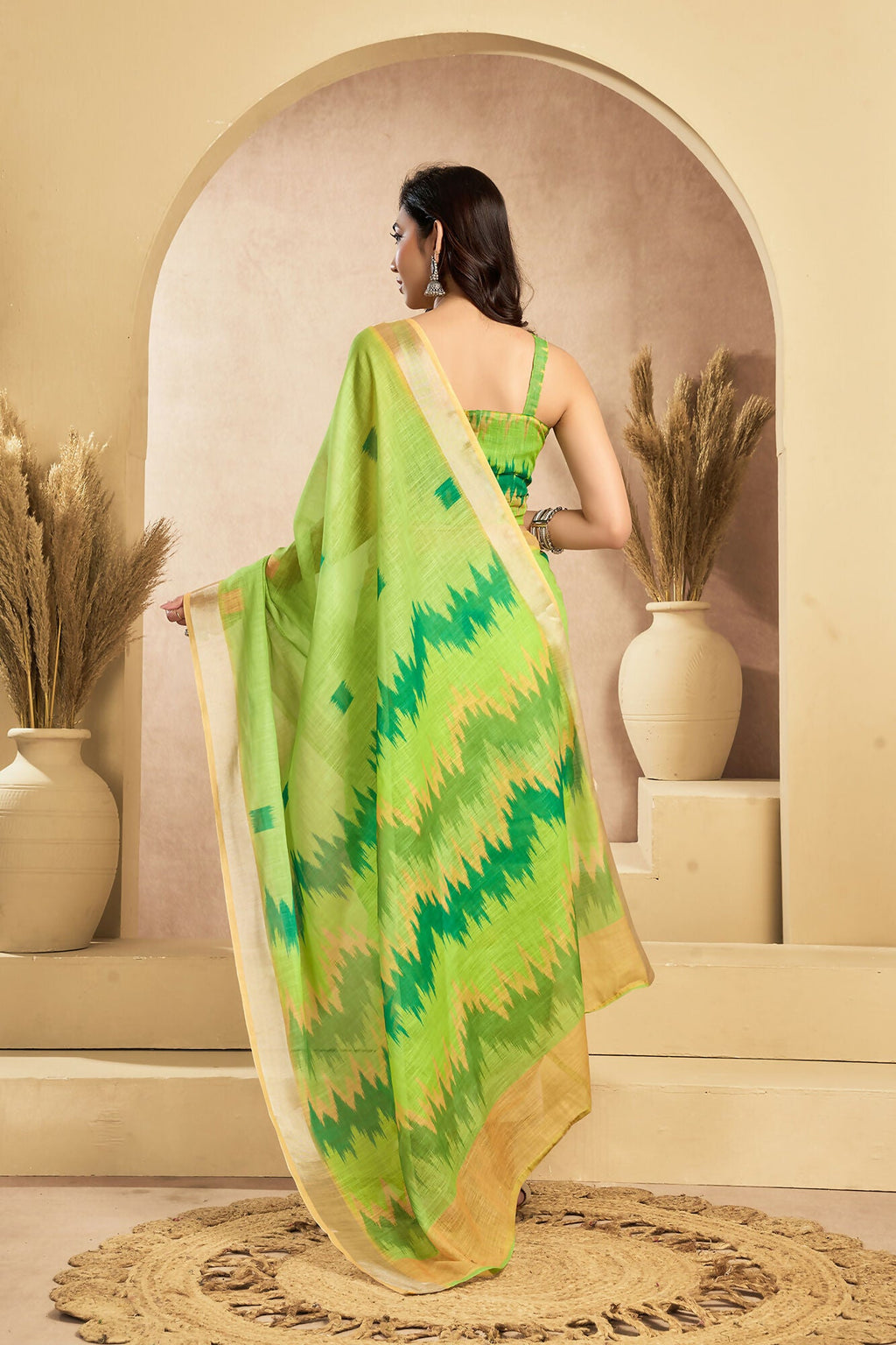 Vastranavya Mint Green Digital Printed Linen Ready To Wear Pocket Saree with Unstitched Blouse