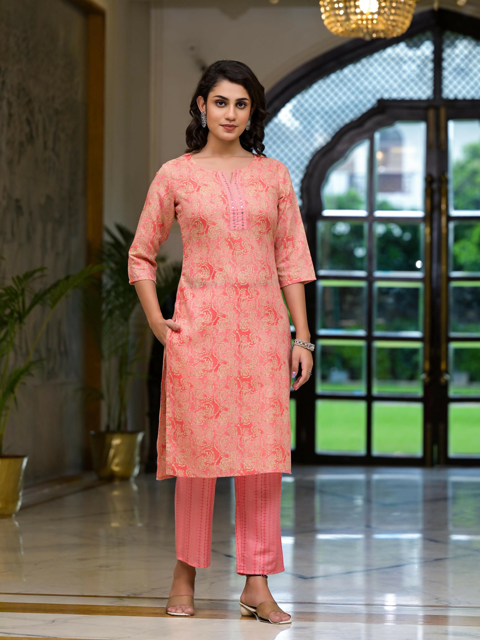 Juniper Women's Pink Ethnic Motif Printed Cotton Kurta Pant And Dupatta Set With Mirror Work & Sequins