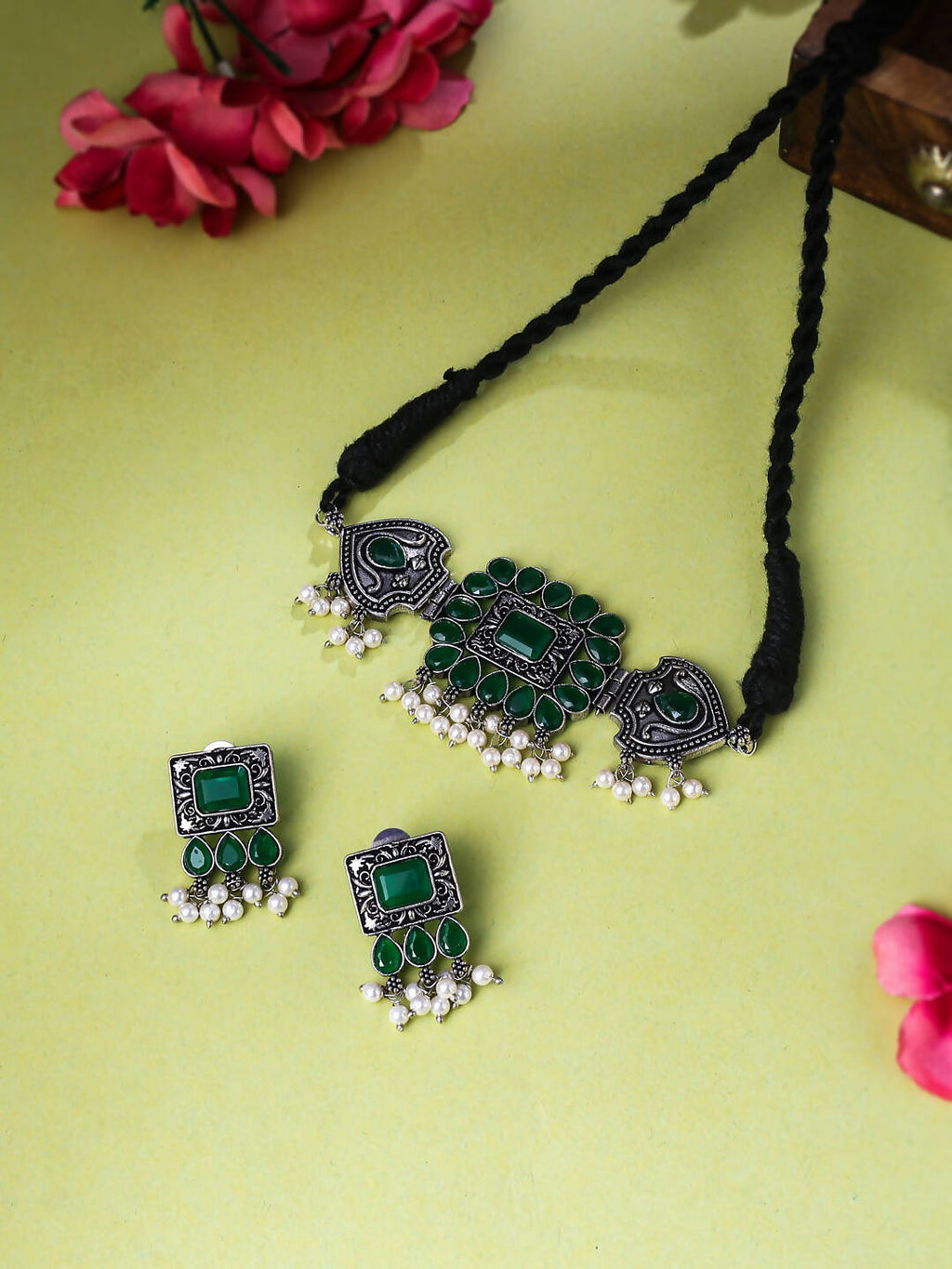 NVR Women's Oxidised Silver Plated Green Color Stone Jewellery Set With Earrings