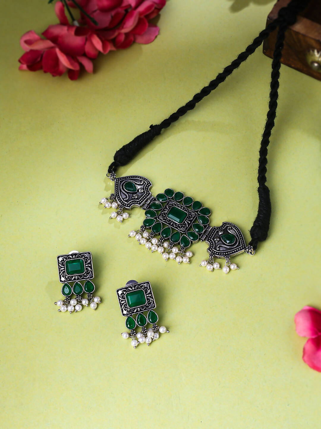 NVR Women's Oxidised Silver Plated Green Color Stone Jewellery Set With Earrings
