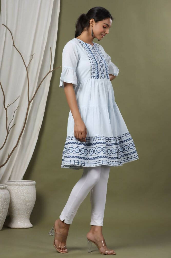 Juniper Sky Blue Cotton Dobby Festive Embroidered Tiered Dress For Women