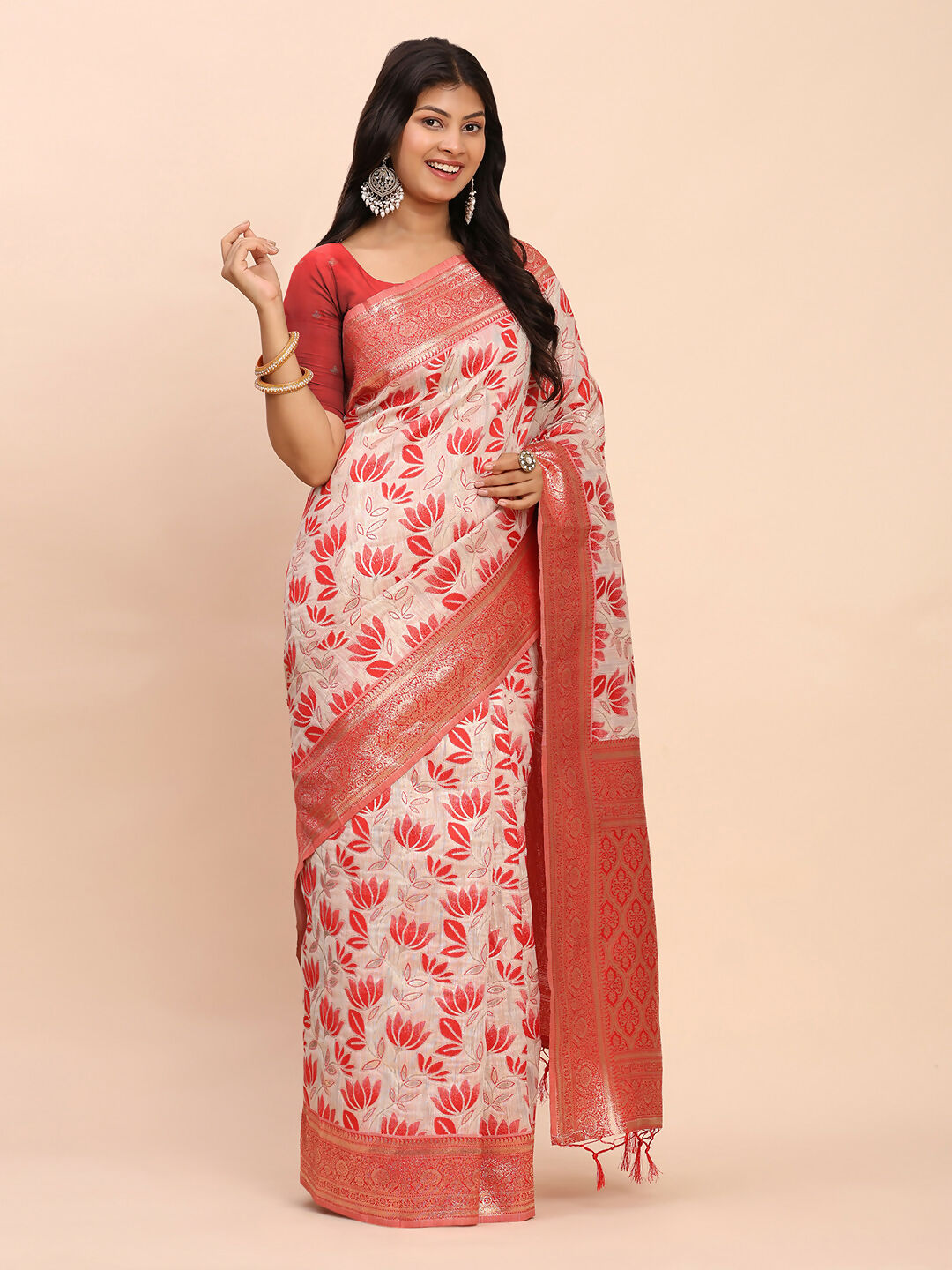 Shree Shyam Fashion Linen Cotton Red Saree