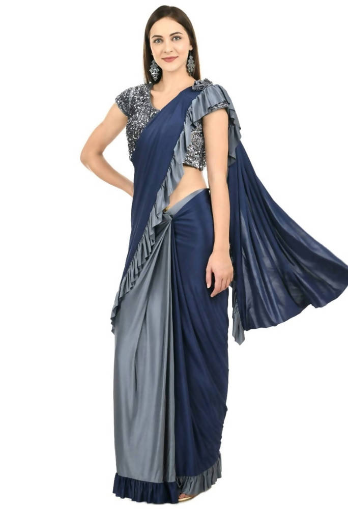 Mominos Fashion All Season Wear Gray And Blue Ruffled Ready To Wear Saree