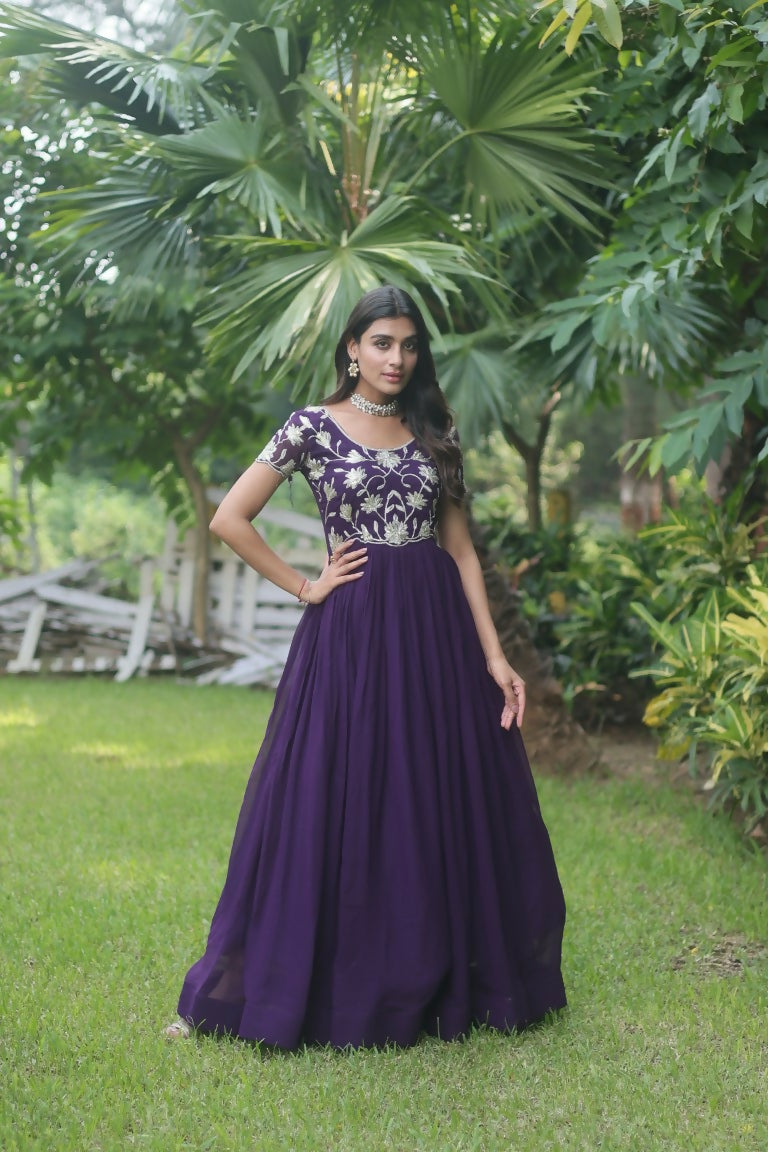 Jyoti Fashion Women's Purple Sequins Embroidered Faux Georgette Anarkali Dress