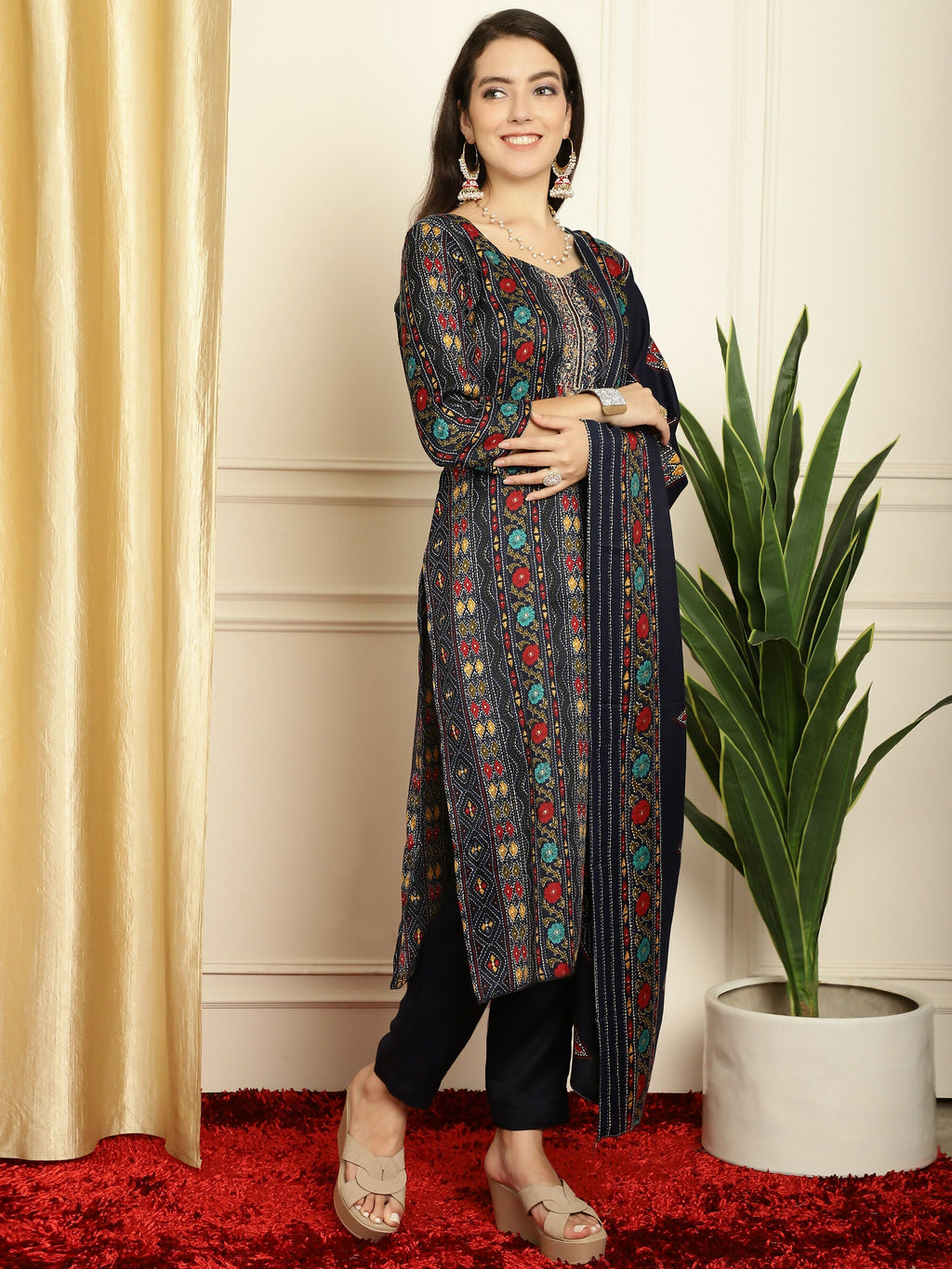Jyoti Fashion Women's Navy Blue Pashmina Floral Digital Printed Kurta with Trouser & Dupatta