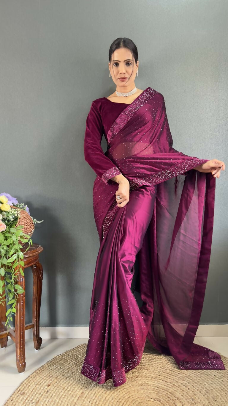 Vastranavya Wine Rangoli Silk Swarovski work Ready to Wear Saree