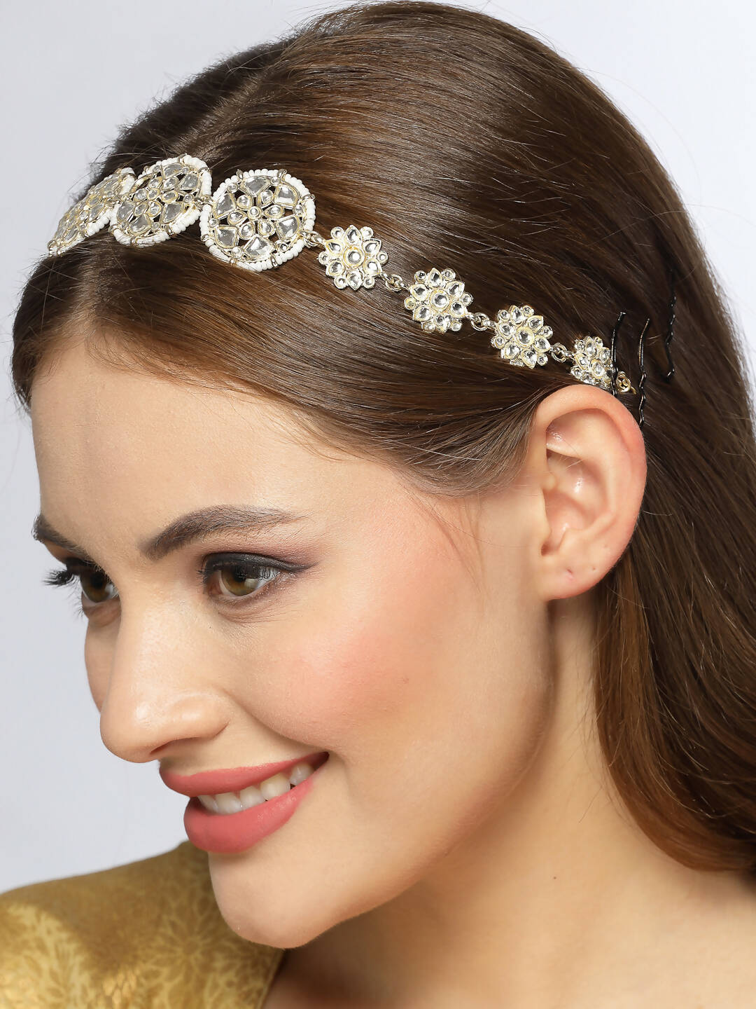 NVR Women's Gold-Polished Traditional Trending Matha Patti