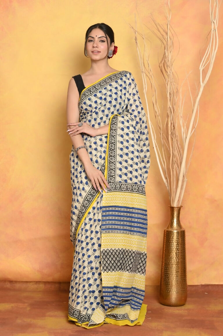 Very Much Indian Handblock Printed Cotton Saree With Natural Dyes - White