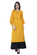 Women's Mustard Round Neck Kurti With Front Neck Opening And Dori, Flared Sleeves - G & A Apparels