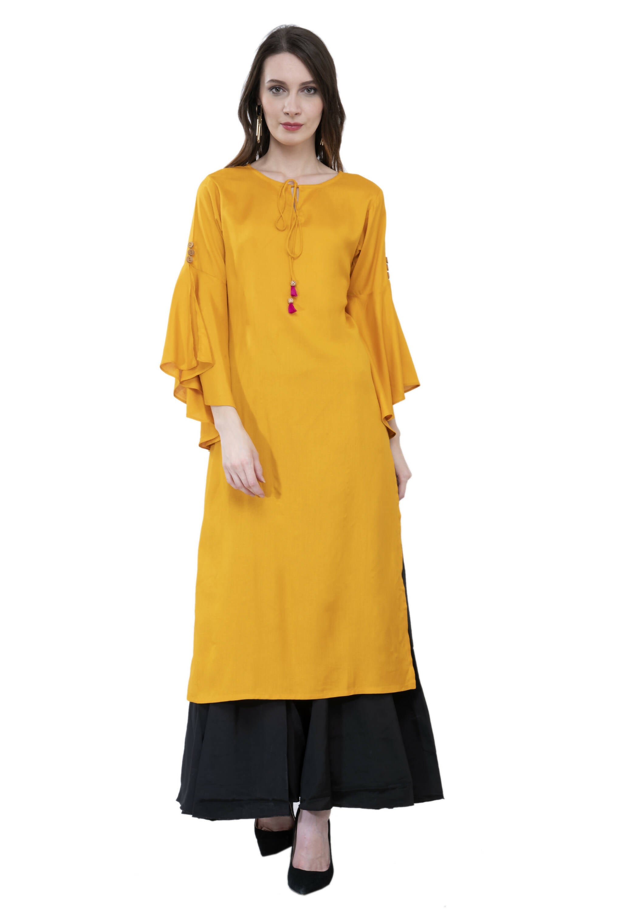 Women's Mustard Round Neck Kurti With Front Neck Opening And Dori, Flared Sleeves - G & A Apparels