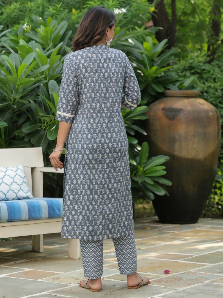 Aramya Straight Soft Cotton Block Print Women's Kurta Set - Blue