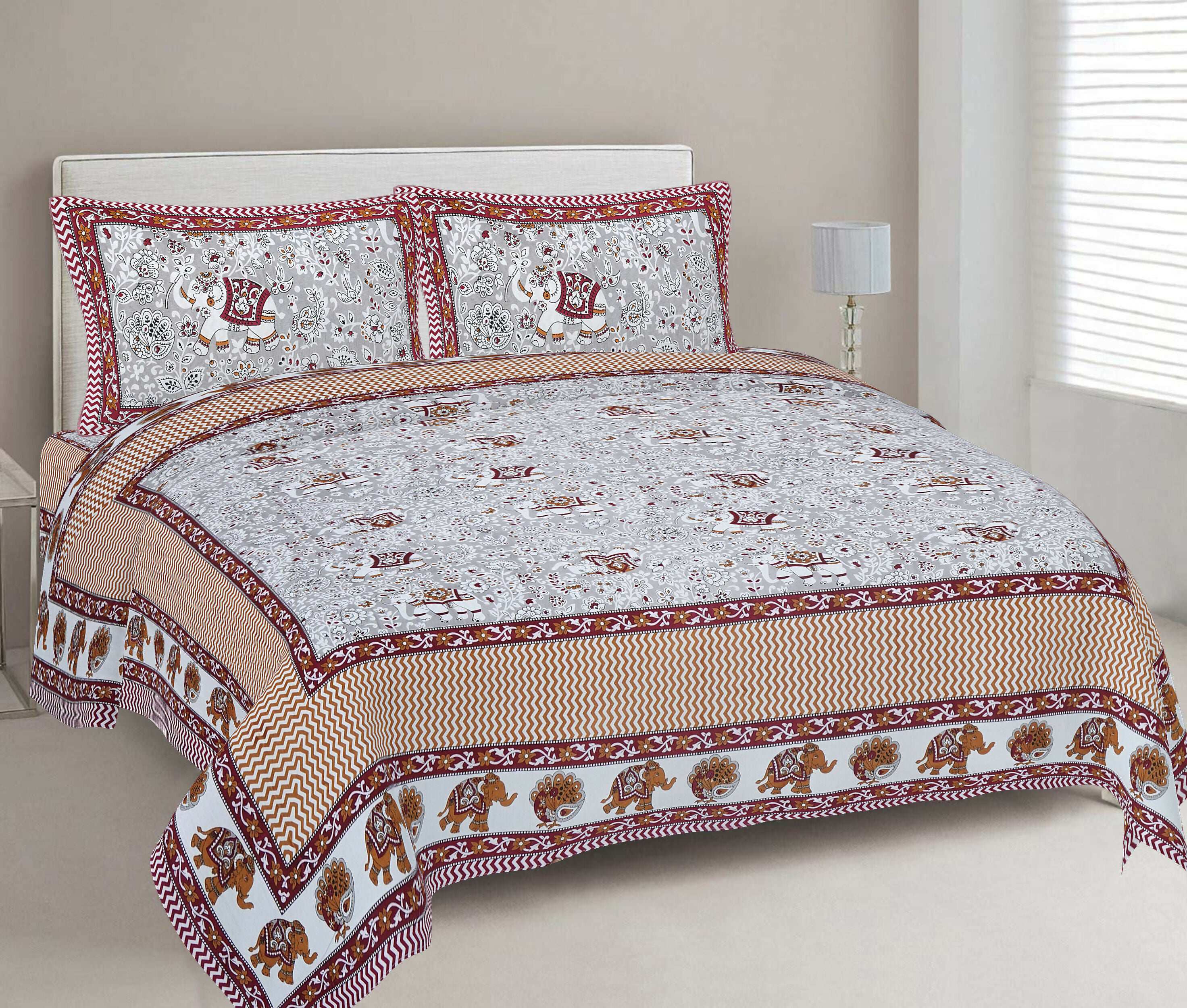 Rudra Bazaar Grey 210 TC Cotton Double King Bedsheet With 2 Pillow Covers