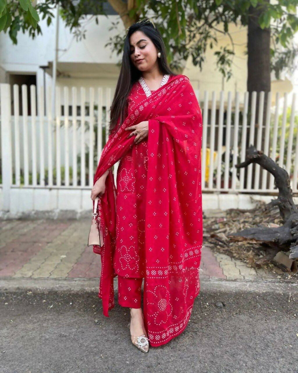 The52 Red Women's Beautiful Rayon Fabric Printed Work Straight Kurta Pant and Dupatta Set