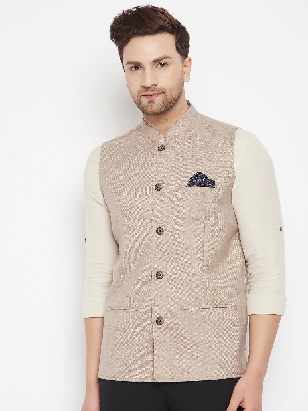 Even Apparels Cream Linen Men's Nehru Jacket-Contrast Lining-Inbuilt Pocket Square