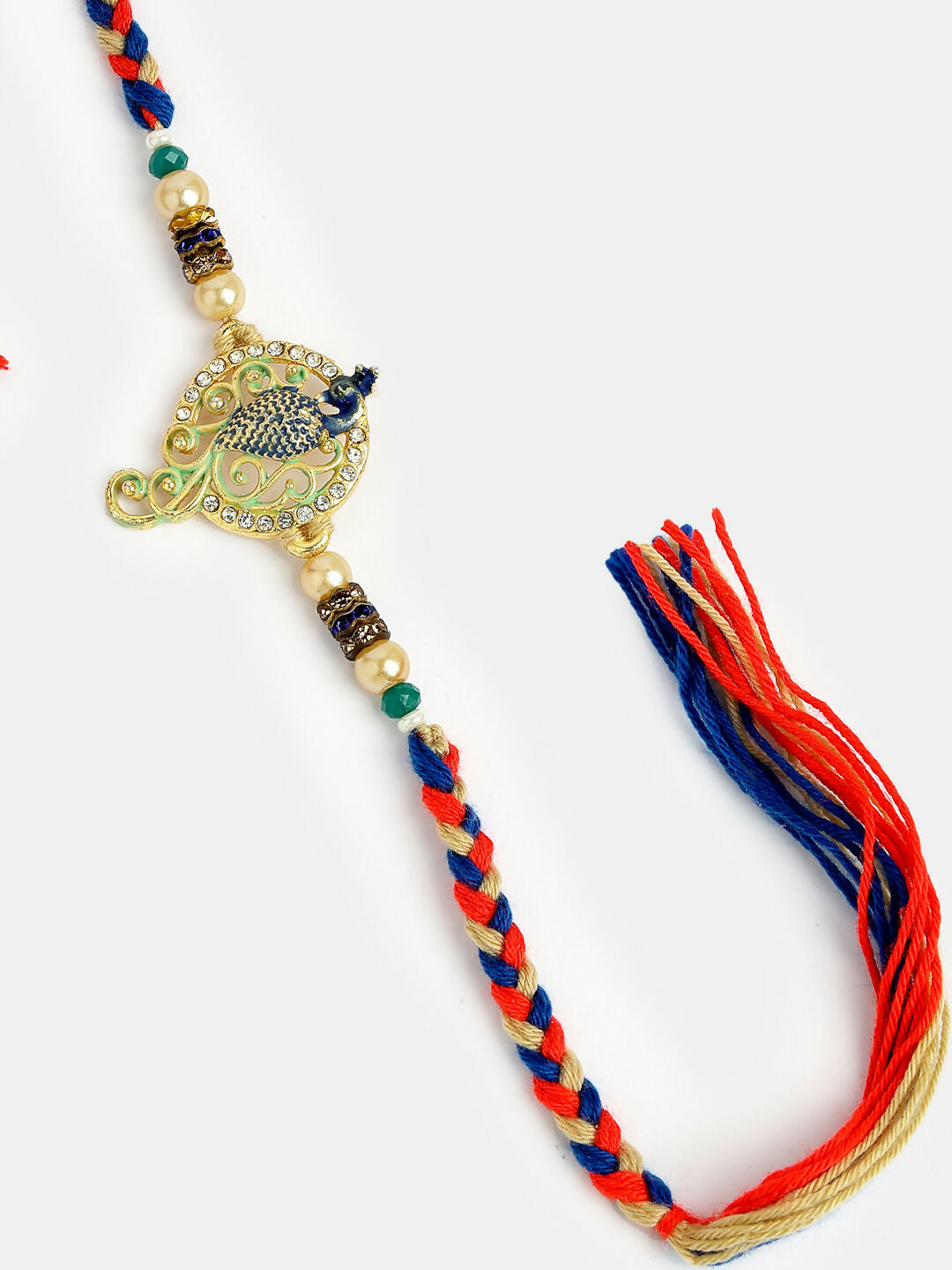 NVR Men Gold-Toned Peacock Design Stone-Studdded Rakhi With Roli Chawal