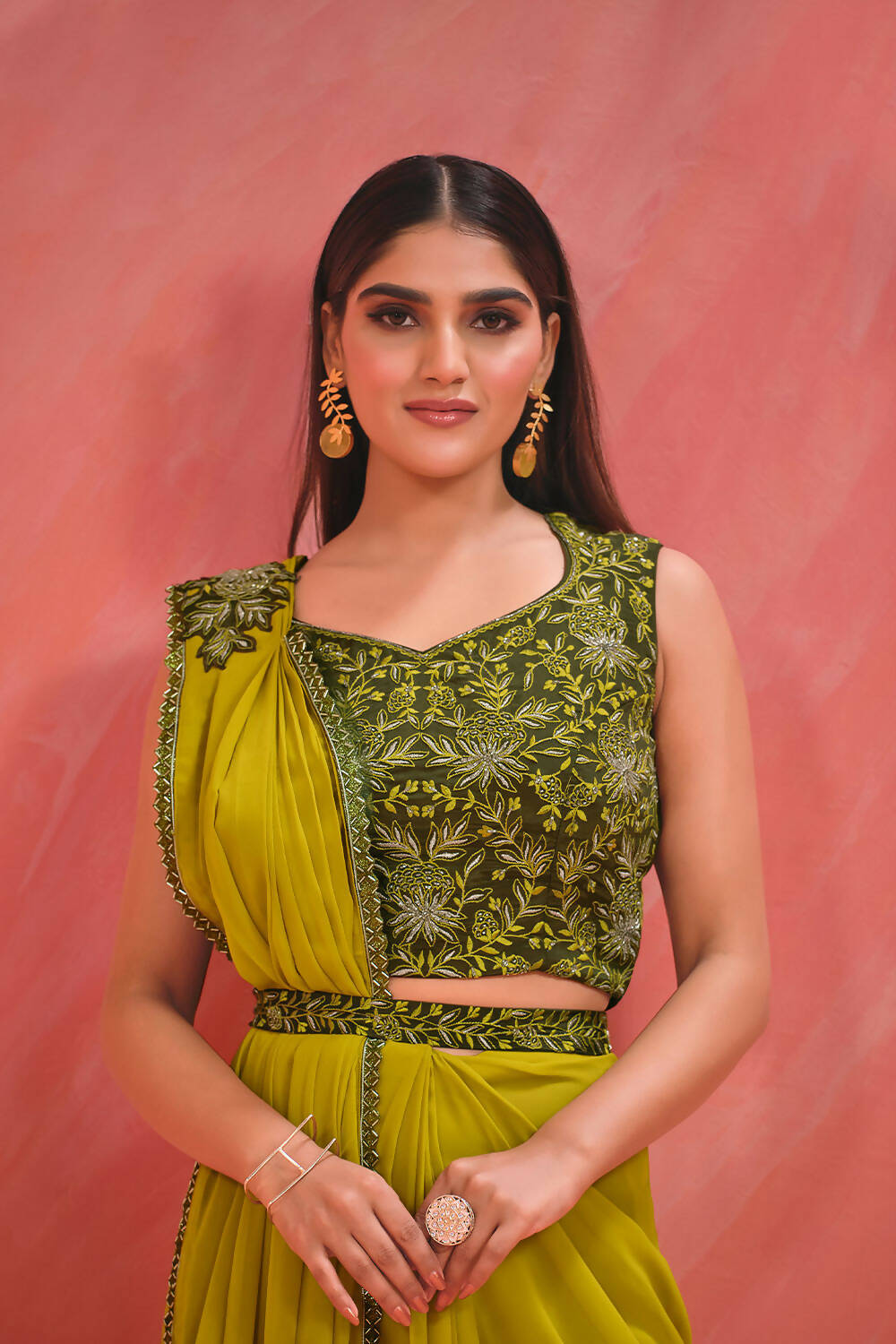 Green Georgette Thread, Jari & Kardana Handwork Saree With Stitched Blouse - Mohmanthan Elegancia