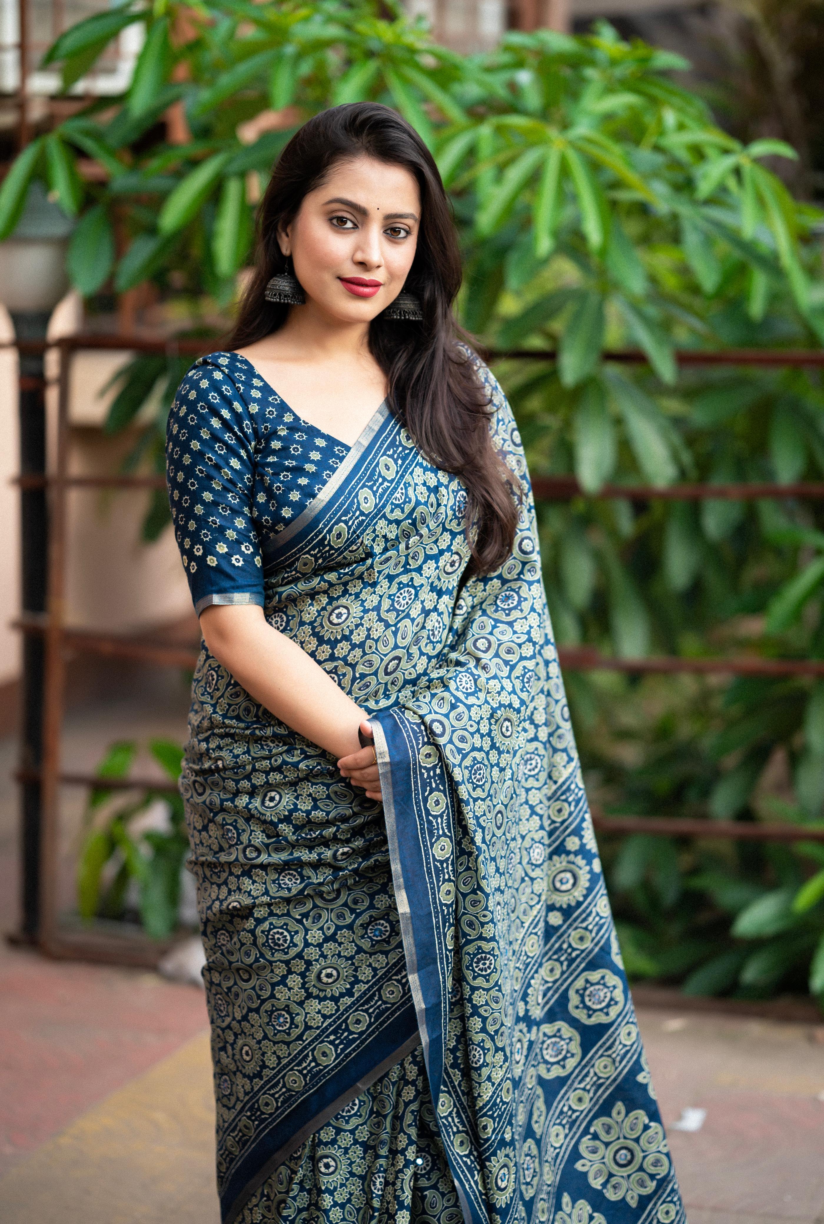 Blue Cotton Blend Ajrak Saree with Unstitched Blouse - A2M