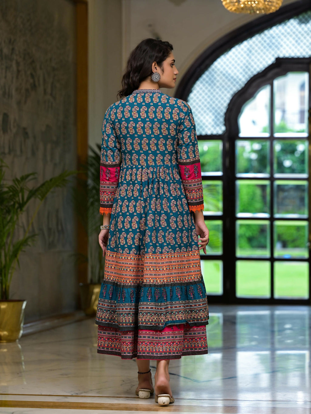 Juniper Women's Teal Ethnic Motif Printed Cotton Dress With Coins Thread & Mirror Work