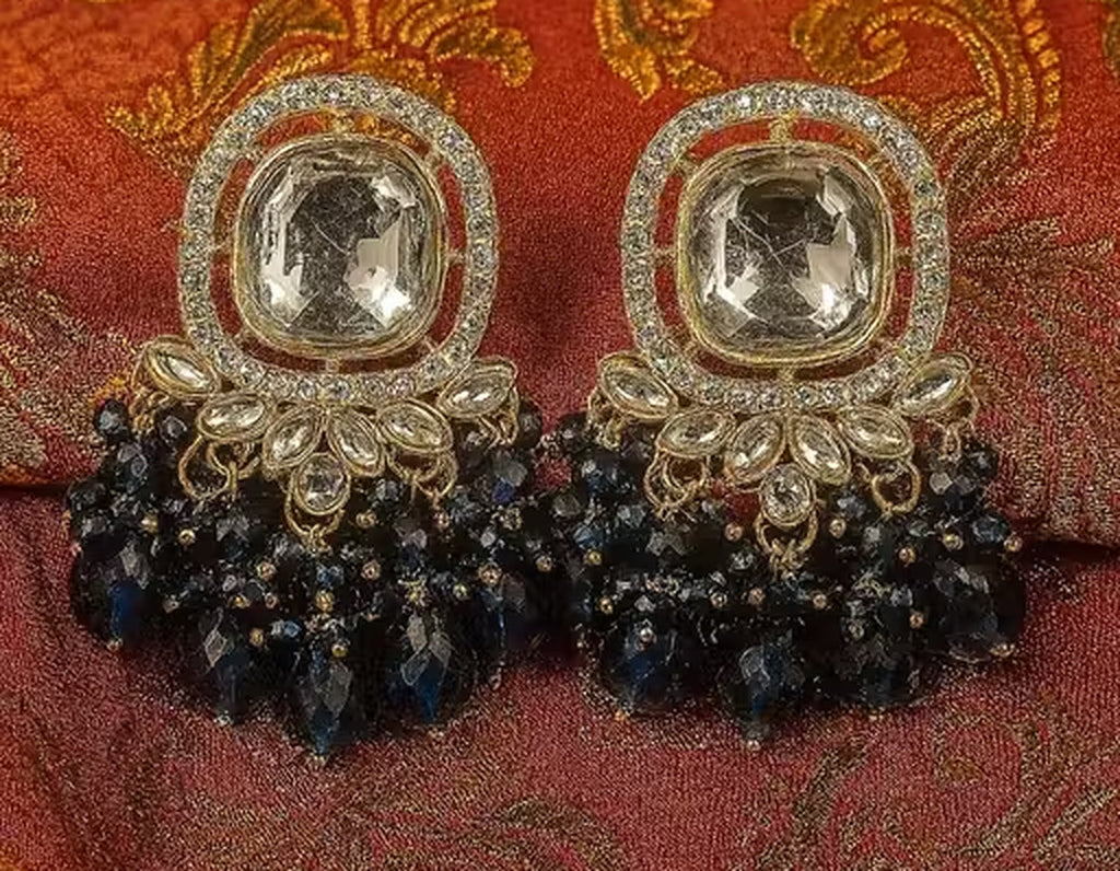 Jewel City Traditional Gold-Plated Kundan Earrings with Blue Beads – Handcrafted Ethnic Dangler Jewelry – Wedding & Party Wear