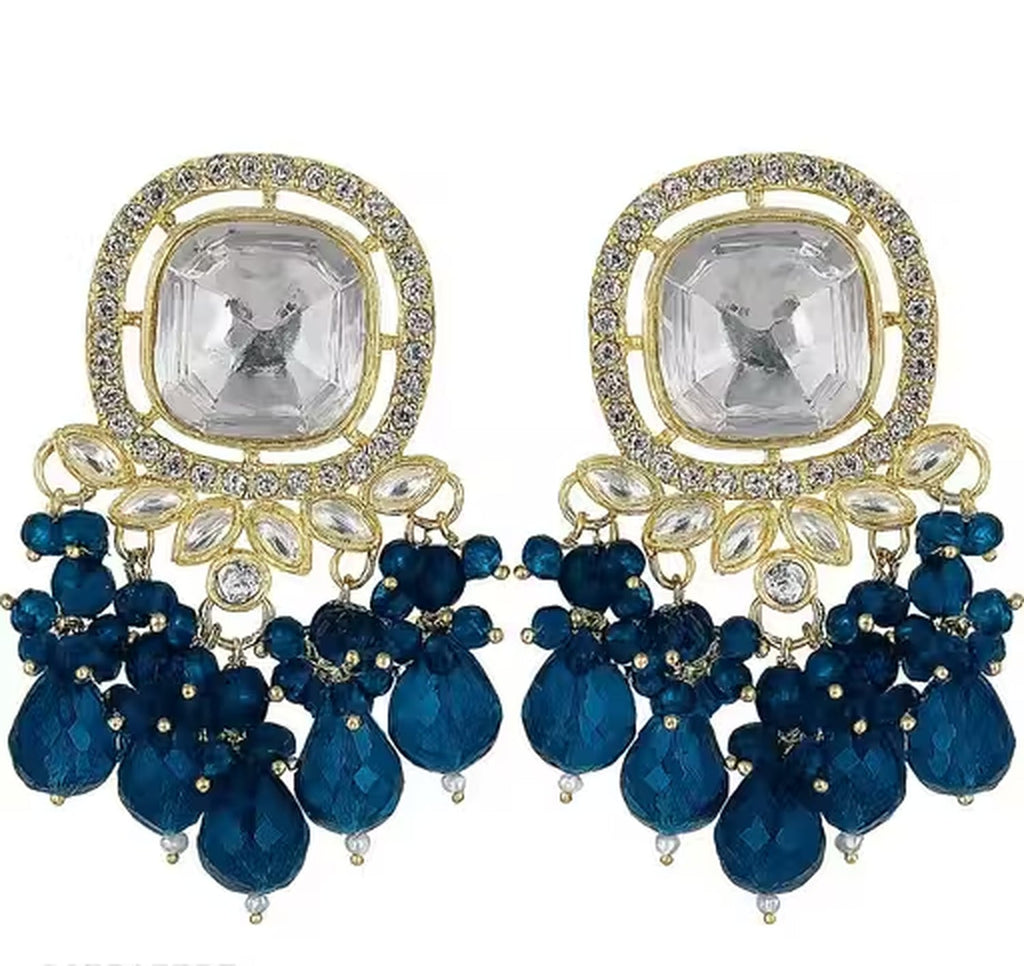 Jewel City Traditional Gold-Plated Kundan Earrings with Blue Beads – Handcrafted Ethnic Dangler Jewelry – Wedding & Party Wear