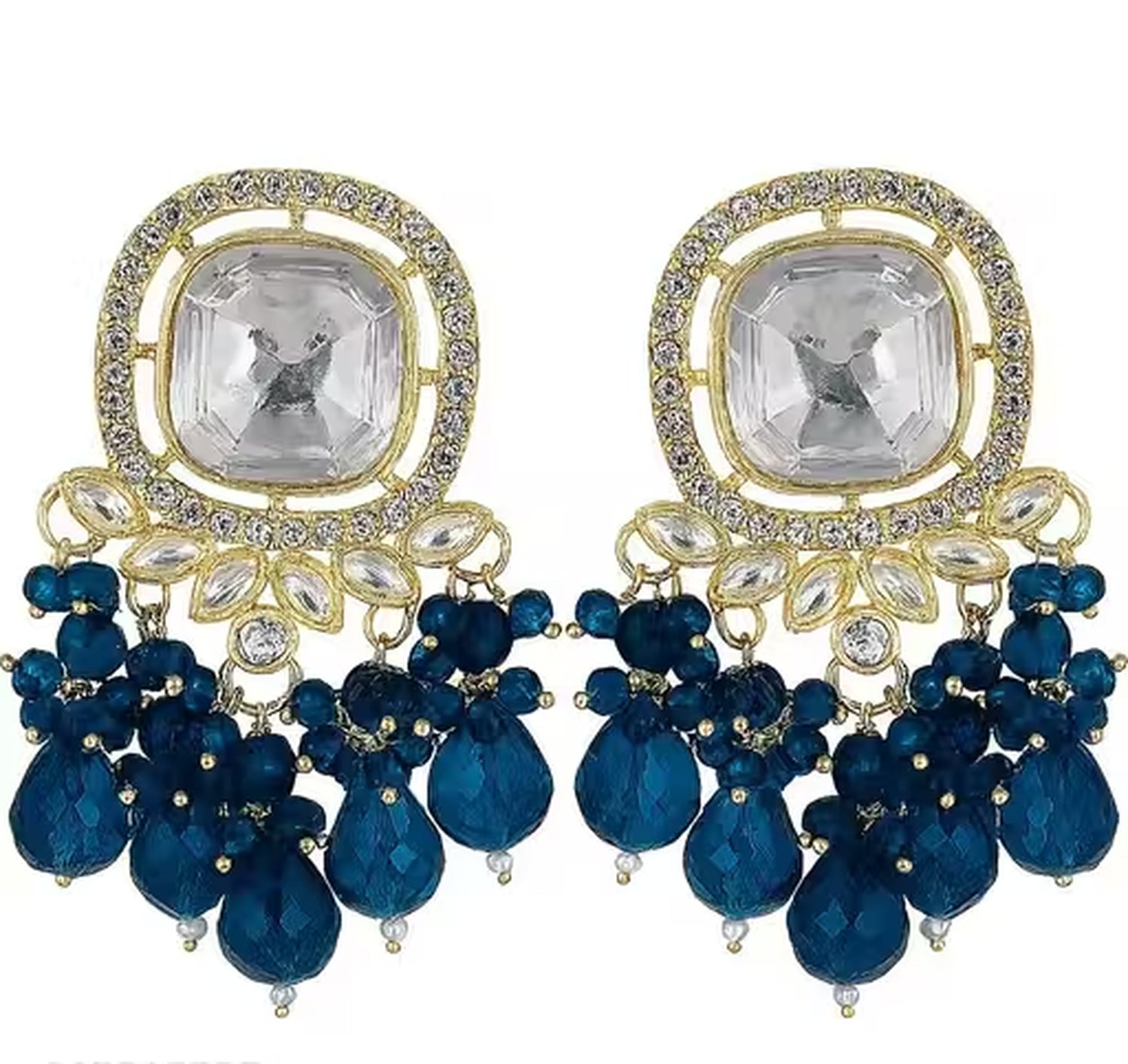 Jewel City Traditional Gold-Plated Kundan Earrings with Blue Beads – Handcrafted Ethnic Dangler Jewelry – Wedding & Party Wear