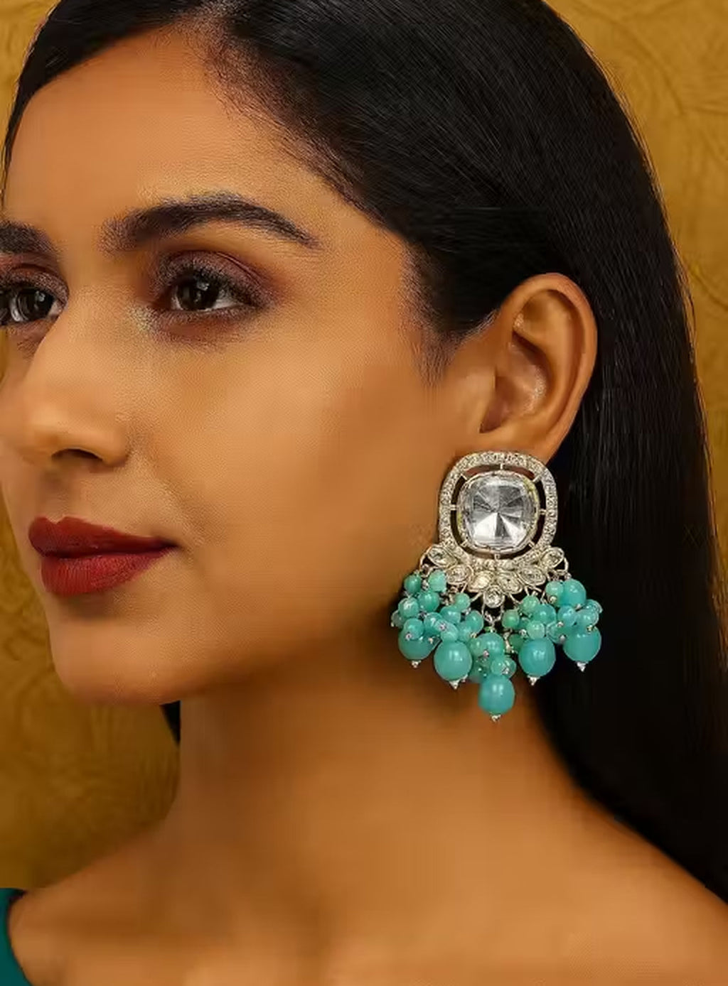 Jewel City Traditional Gold-Plated Kundan Earrings with Blue Beads – Handcrafted Ethnic Dangler Jewelry – Wedding & Party Wear