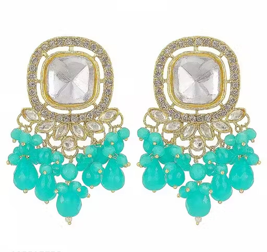 Jewel City Traditional Gold-Plated Kundan Earrings with Blue Beads – Handcrafted Ethnic Dangler Jewelry – Wedding & Party Wear
