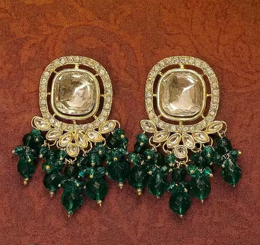 Jewel City Traditional Gold-Plated Kundan Earrings with Blue Beads – Handcrafted Ethnic Dangler Jewelry – Wedding & Party Wear