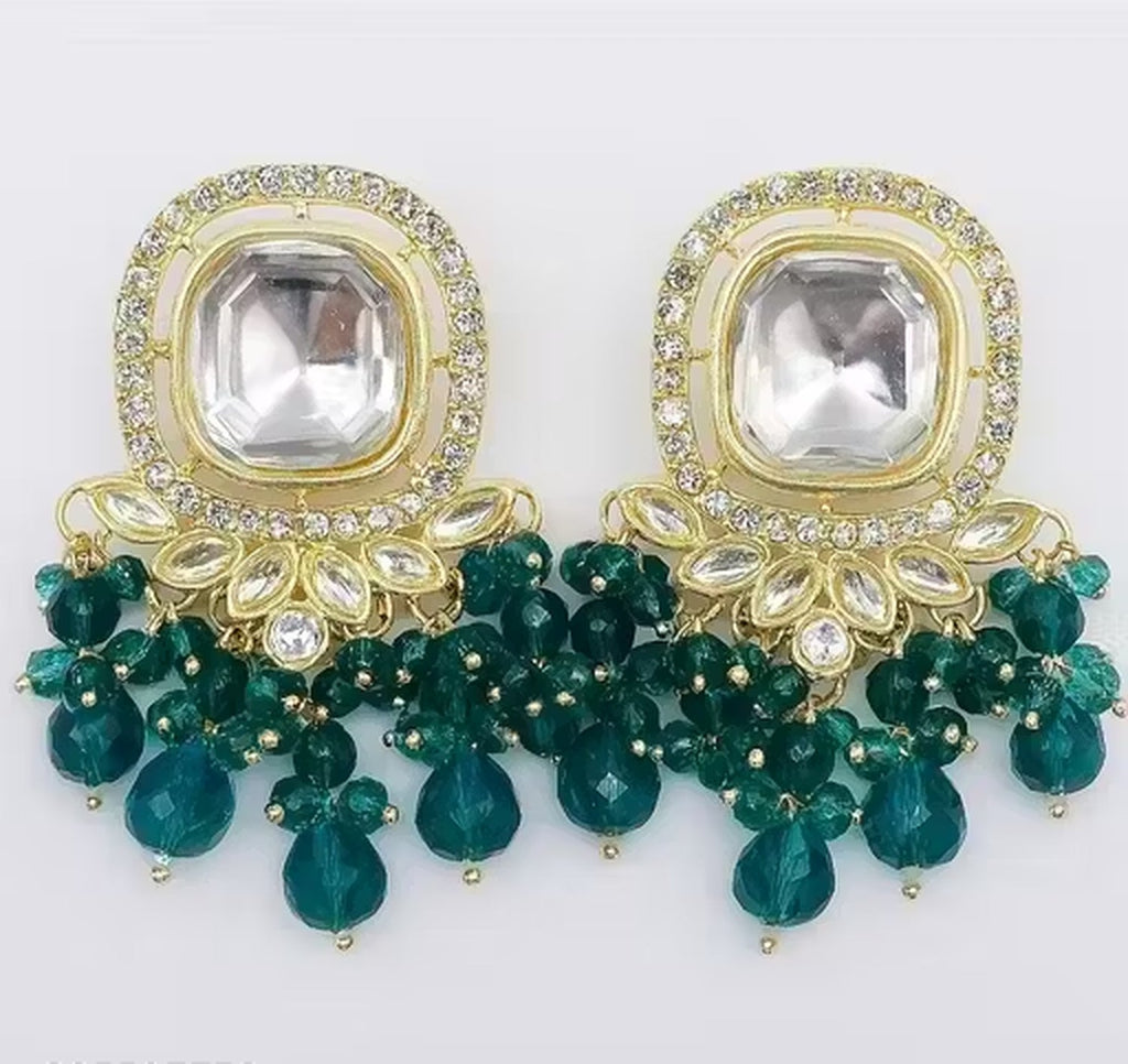 Jewel City Traditional Gold-Plated Kundan Earrings with Blue Beads – Handcrafted Ethnic Dangler Jewelry – Wedding & Party Wear