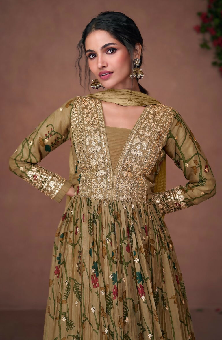 Vastranavya Green Organza Silk Floral Printed & Foil Mirror Work Anarkali Suit Set