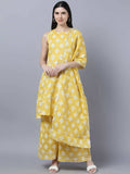 Myshka Women Yellow Floral Pure Cotton Kurti with Palazzos With Dupatta