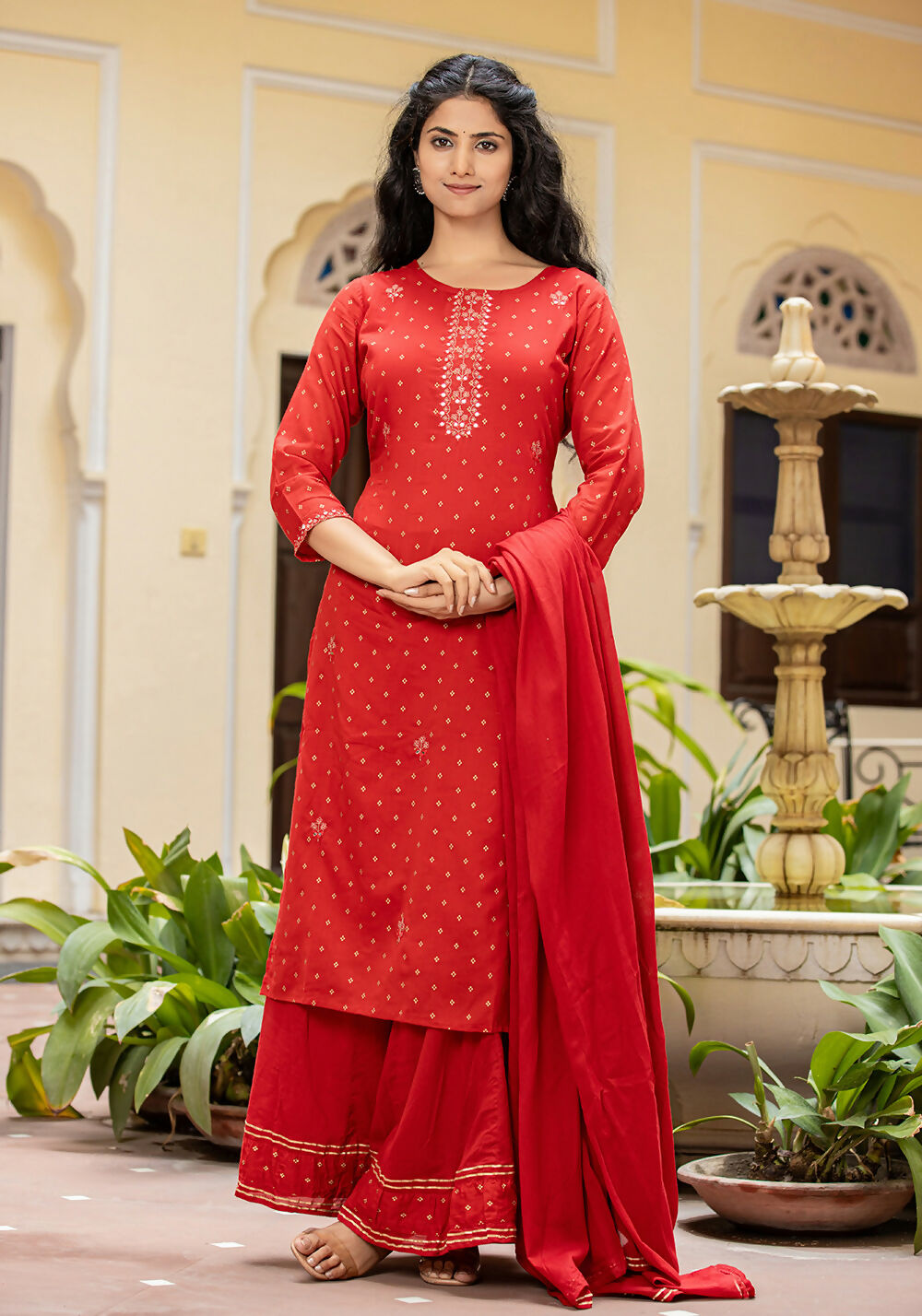 Kaajh Women's Red Gold Printed Cotton Kurta Sharara With Dupatta Set
