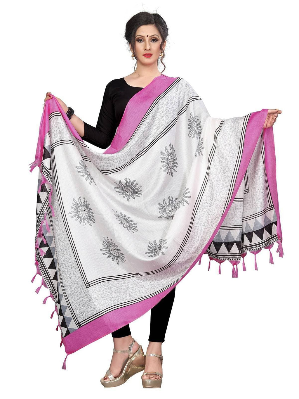 Vamika Pink-White Flower Printed Khadi Bhagalpuri Dupatta