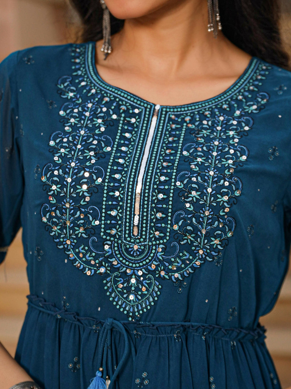 Juniper Women's The Dholitaro Blue Ethnic Motif Printed Georgette Tiered Dress With Sequins & Doris At Waist
