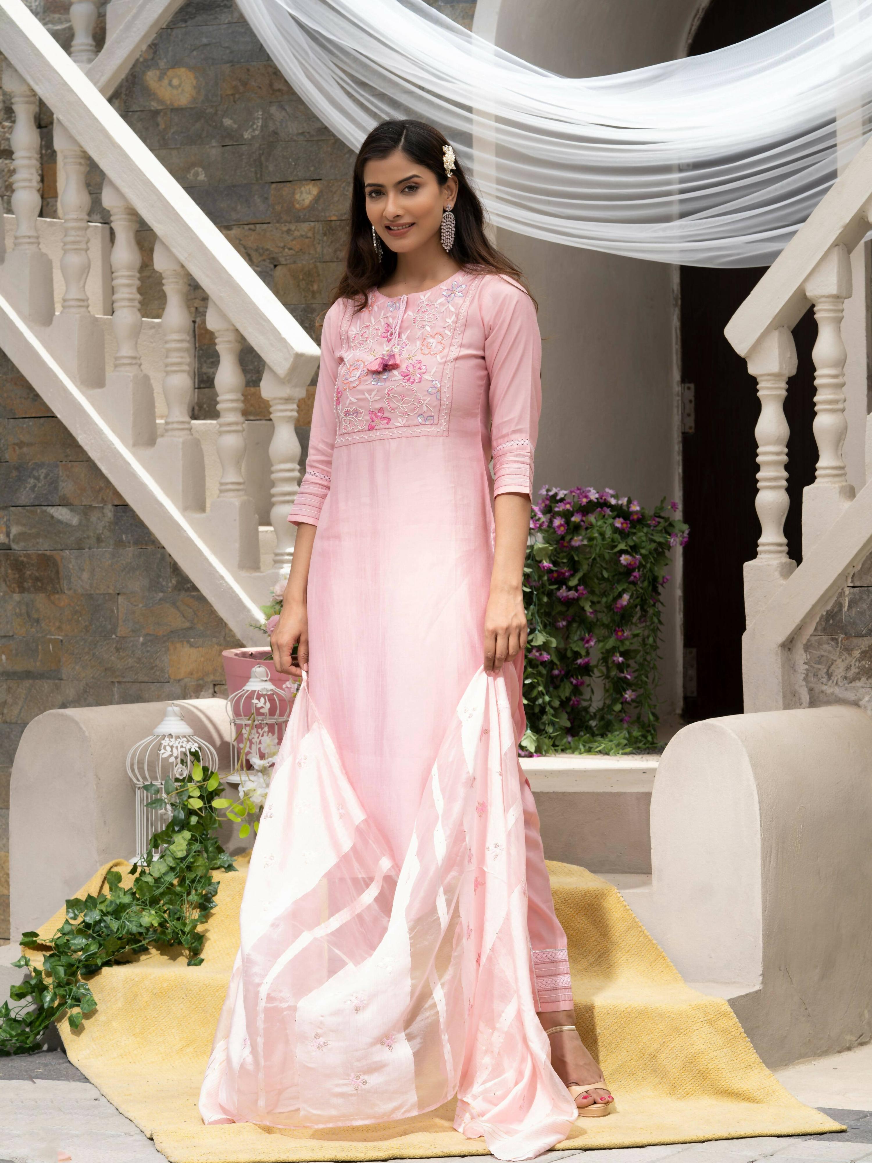 Pink Roman Silk Plain Kurta with Pant & Dupatta - Disha