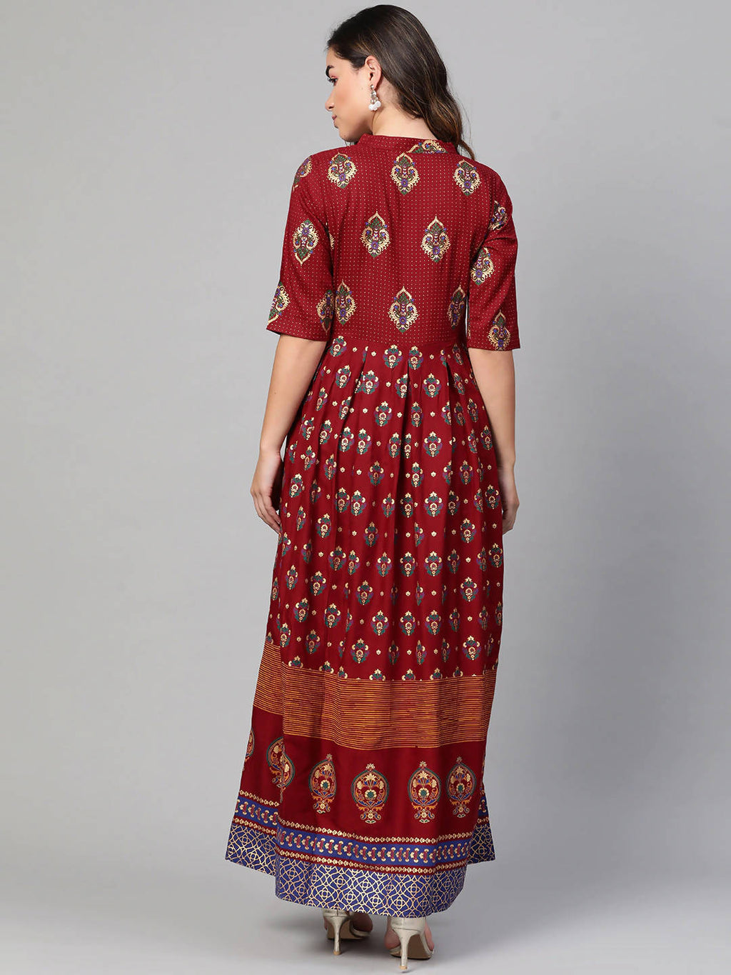 Myshka Maroon & Golden Ethnic Motifs Printed Cotton Maxi Dress