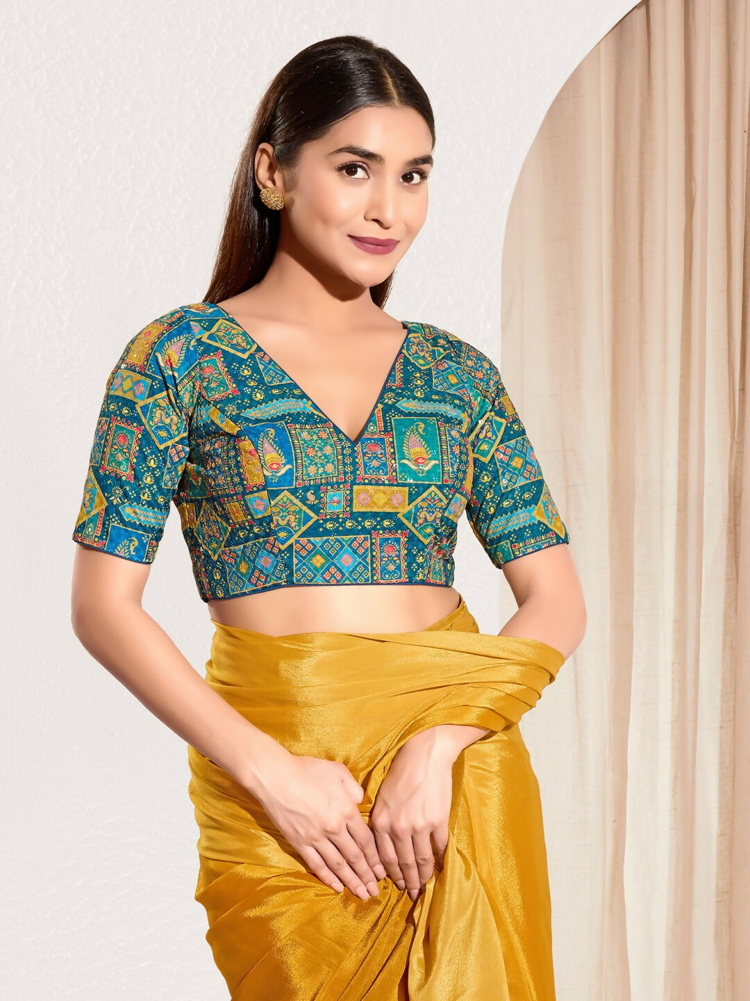 Joban Fashion Fire Blue Viscose Rayon Padded Blouse With V Neck Elbow Sleeves