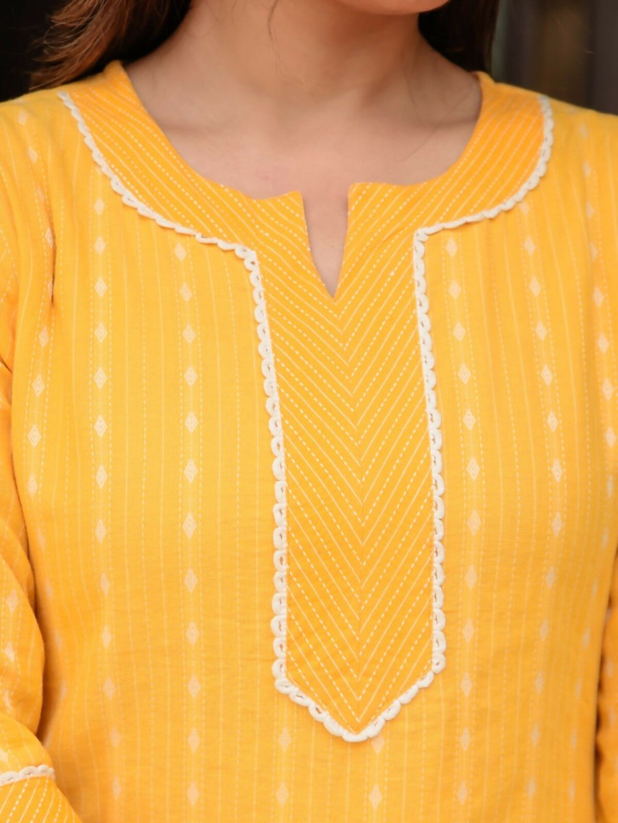 Aramya Straight Kantha Cotton Woven Design Print Women's Kurta Set - Yellow