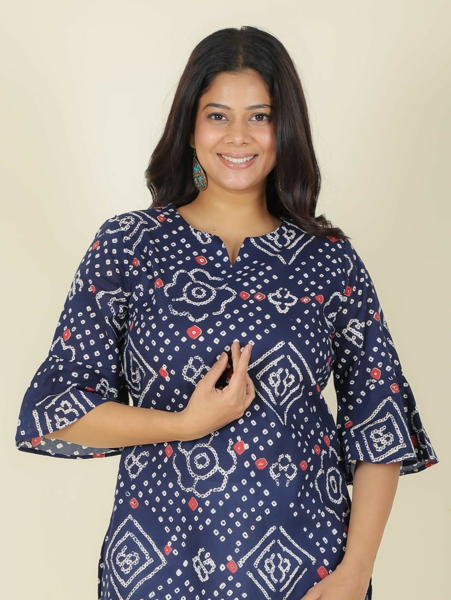 Aramya Blue Soft Cotton Bandhani Print Straight Kurta Set for Women