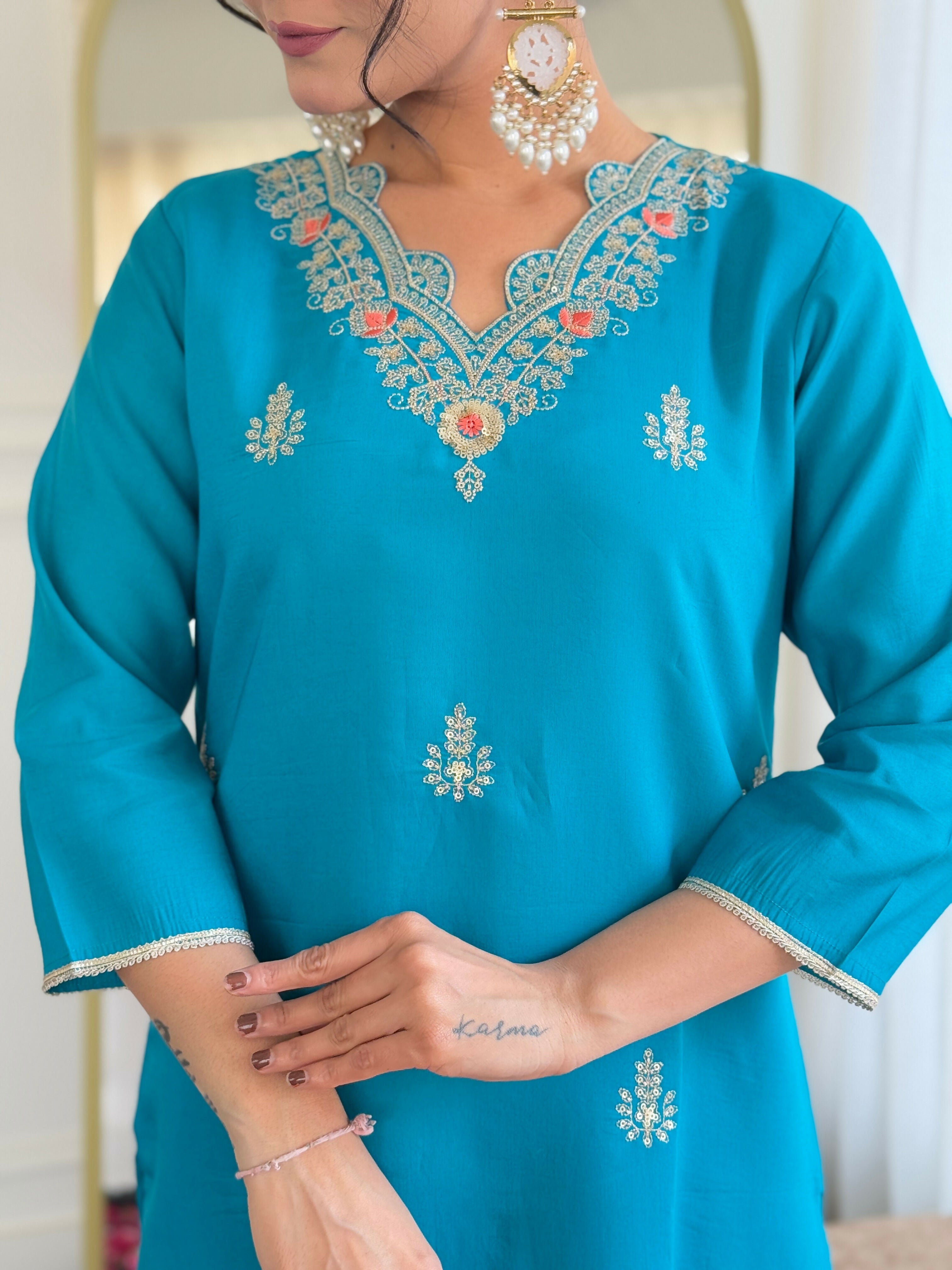 The52 Blue Women's Gorgeous Viscose Fabric Embroidered Work Straight Kurta, Pant and Dupatta Set