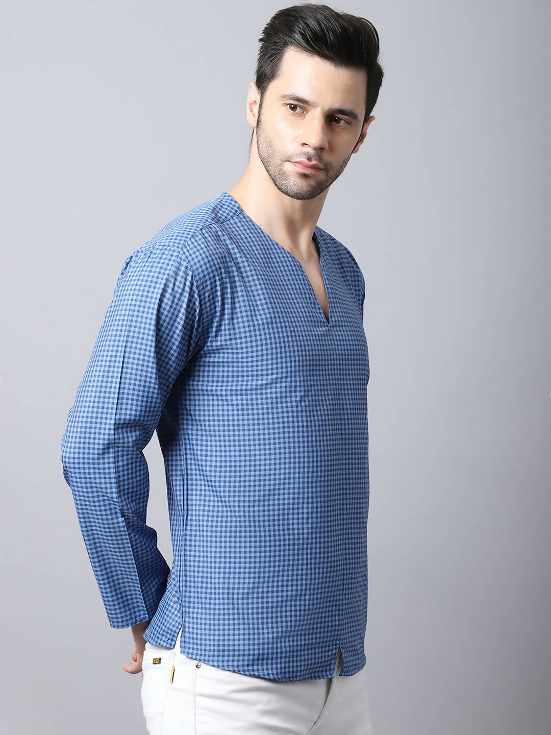Even Apparels Blue Checked Men's Kurta With Band Collar