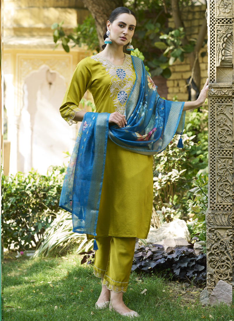 Vegaa Fashion Dark Yellow Viscose Rayon Embroidered Salwar Suit