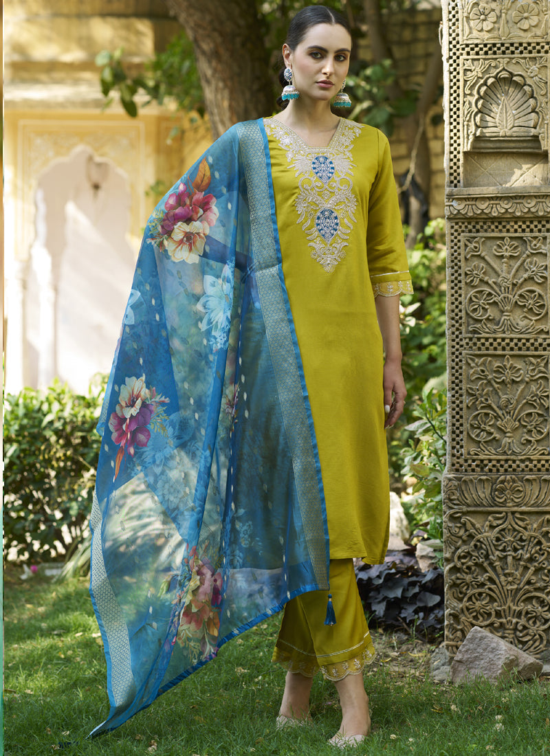 Vegaa Fashion Dark Yellow Viscose Rayon Embroidered Salwar Suit
