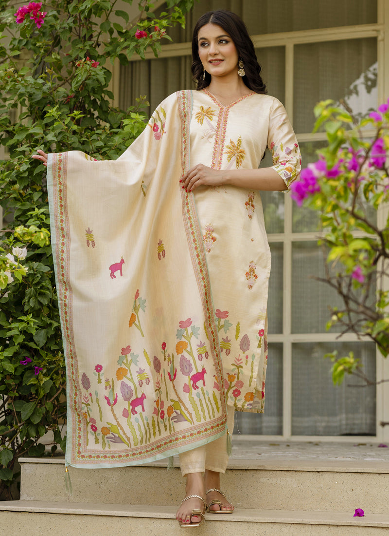 Vegaa Fashion Cream Viscose Silk Beads Work Desginer Suit