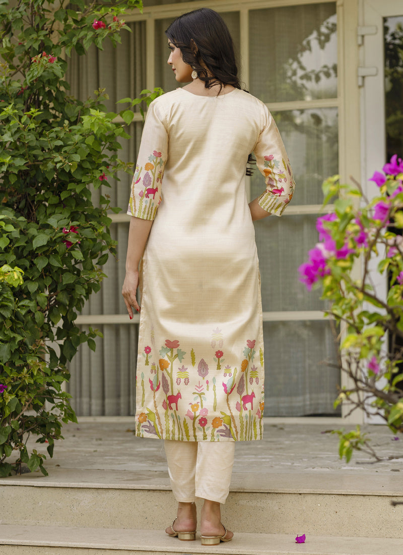 Vegaa Fashion Cream Viscose Silk Beads Work Desginer Suit